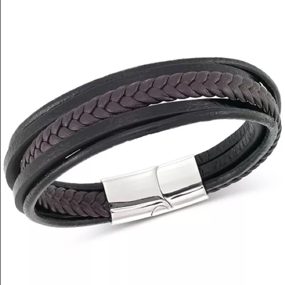 Men's Black & Brown Multi-Row Leather Bracelet in Stainless Steel